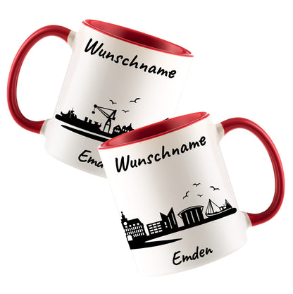 Tasse in Rot 330ml bedruckt mit der Skyline von Emden personalisierbar mit Wunschname