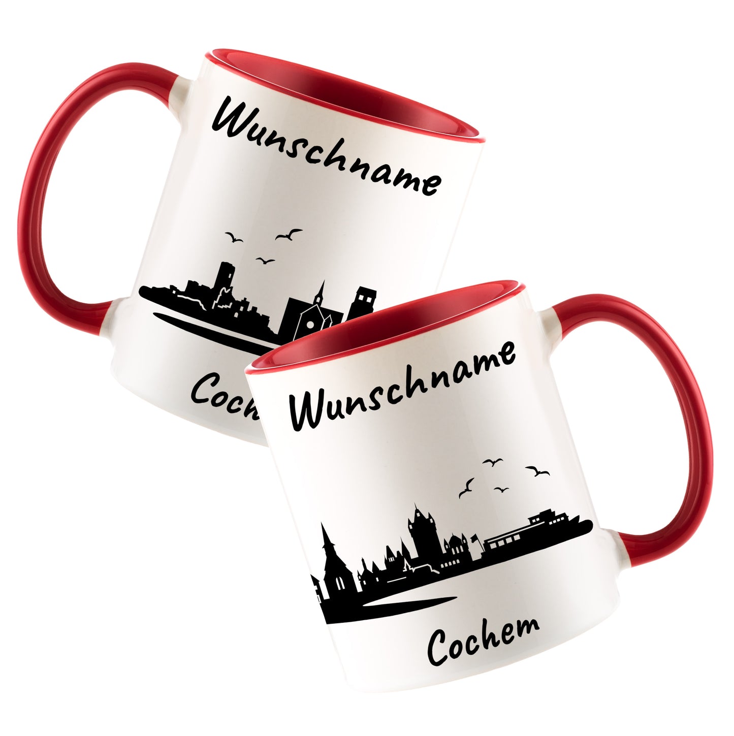 Tasse in Rot 330ml bedruckt mit der Skyline von Cochem personalisierbar mit Wunschname