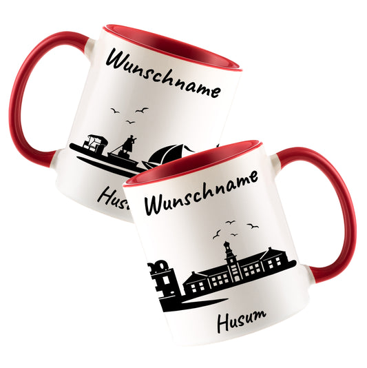 Tasse in Rot 330ml bedruckt mit der Skyline von Husum personalisierbar mit Wunschname