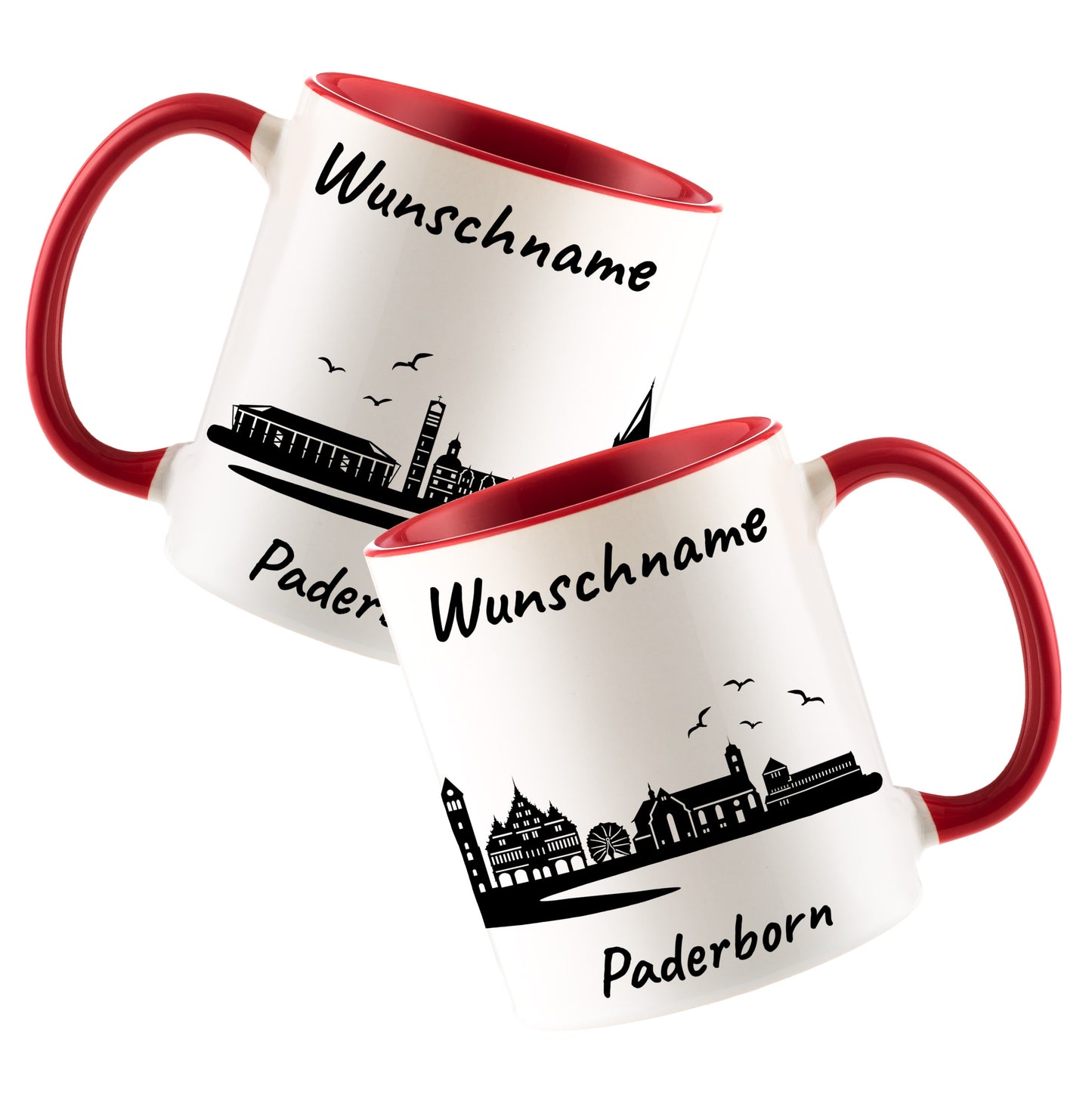 Tasse in Rot 330ml bedruckt mit der Skyline von Paderborn personalisierbar mit Wunschname
