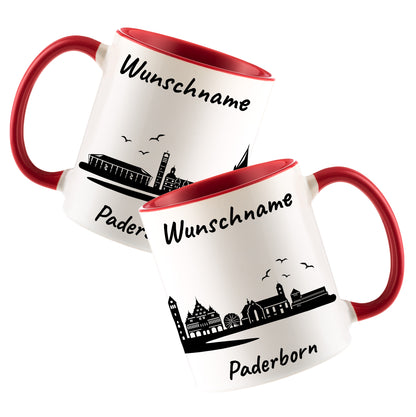 Tasse in Rot 330ml bedruckt mit der Skyline von Paderborn personalisierbar mit Wunschname