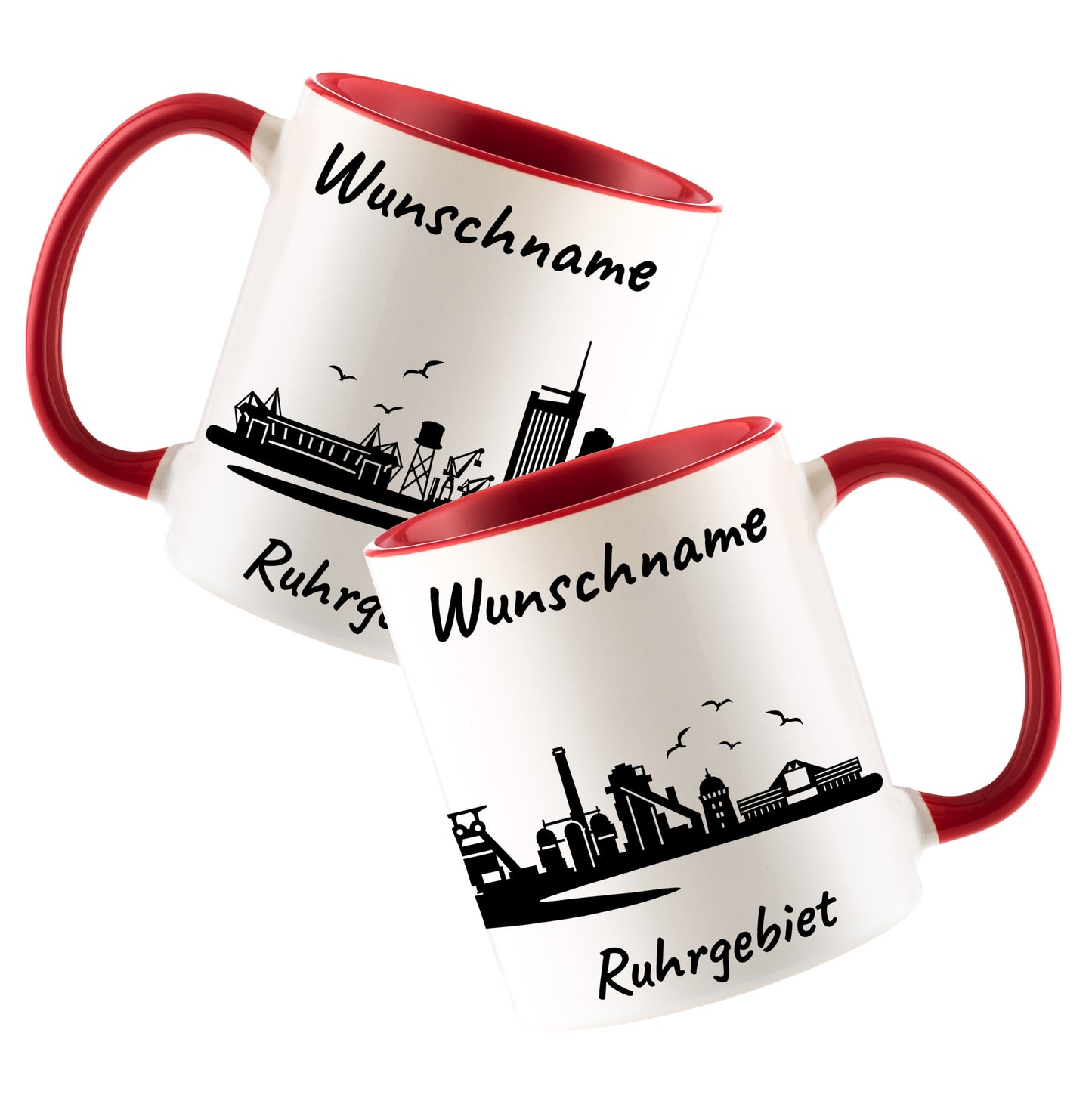 Tasse in Rot 330ml bedruckt mit der Skyline von Ruhrgebiet personalisierbar mit Wunschname