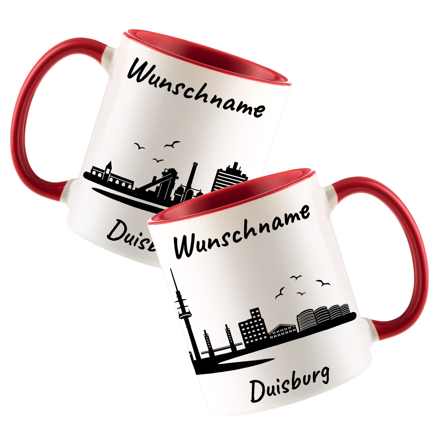 Tasse in Rot 330ml bedruckt mit der Skyline von Duisburg personalisierbar mit Wunschname