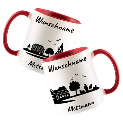 Tasse in Rot 330ml bedruckt mit der Skyline von Mettmann personalisierbar mit Wunschname
