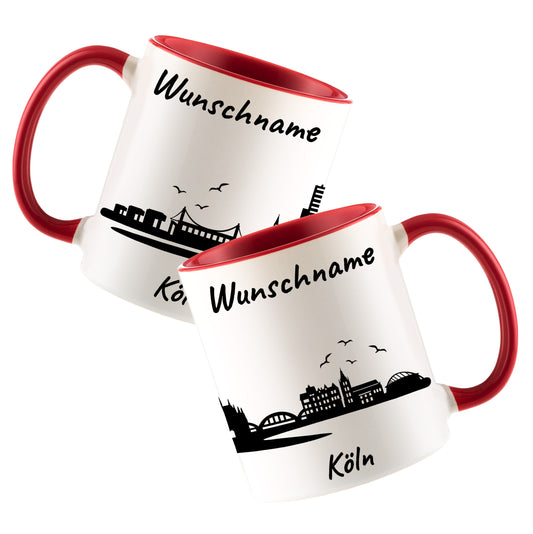 Tasse in Rot 330ml bedruckt mit der Skyline von Köln personalisierbar mit Wunschname