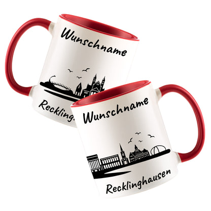 Tasse in Rot 330ml bedruckt mit der Skyline von Recklinghausen personalisierbar mit Wunschname