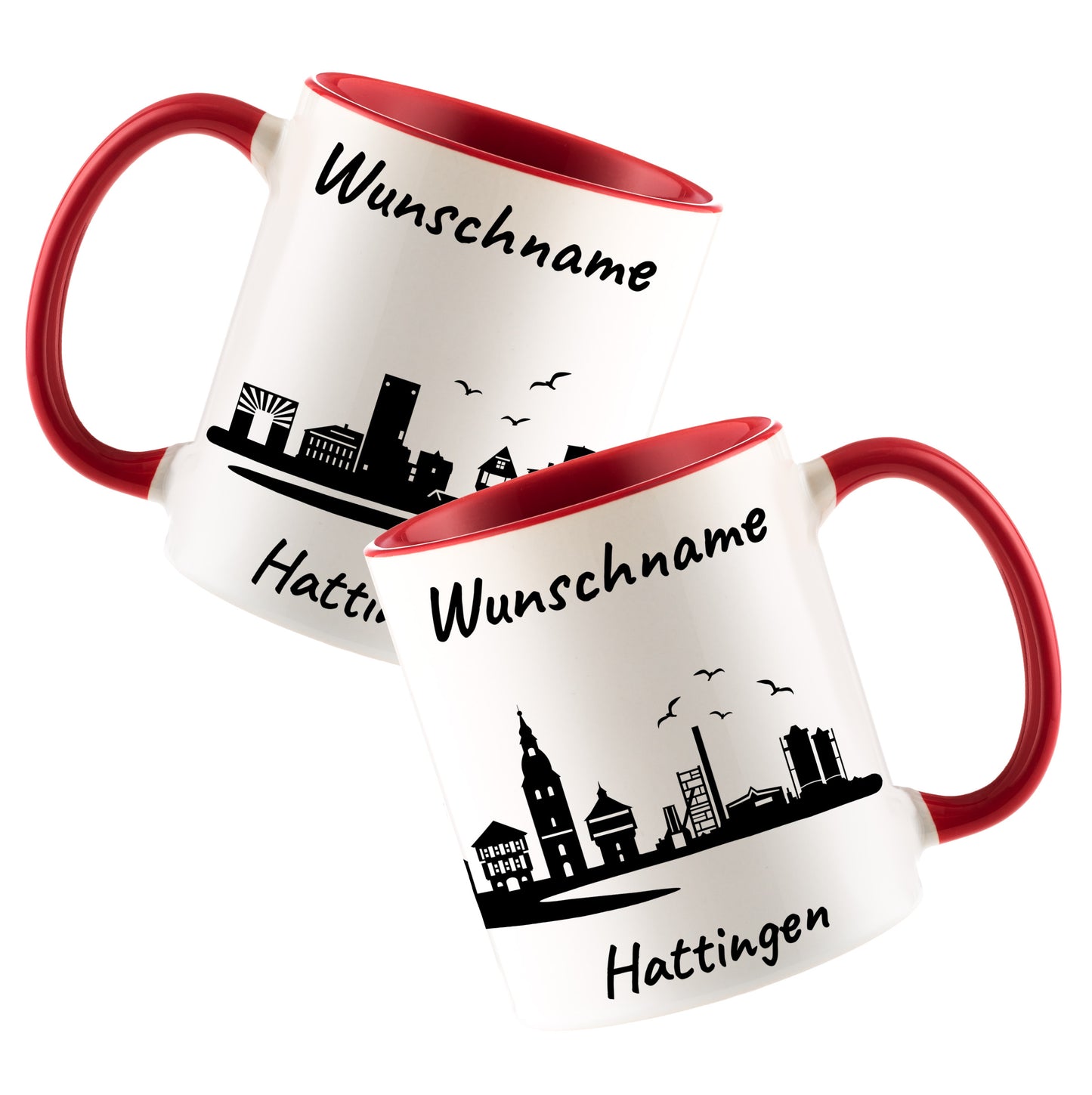Tasse in Rot 330ml bedruckt mit der Skyline von Hattingen personalisierbar mit Wunschname