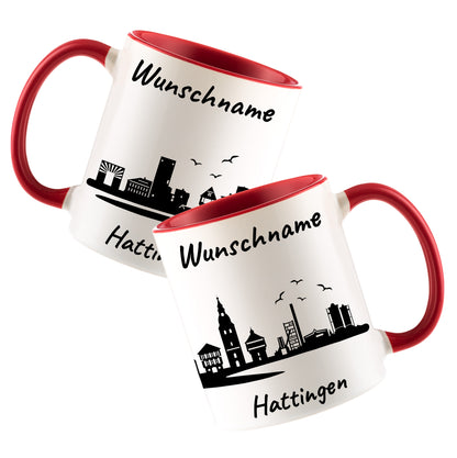 Tasse in Rot 330ml bedruckt mit der Skyline von Hattingen personalisierbar mit Wunschname