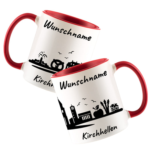 Tasse in Rot 330ml bedruckt mit der Skyline von Kirchhellen personalisierbar mit Wunschname