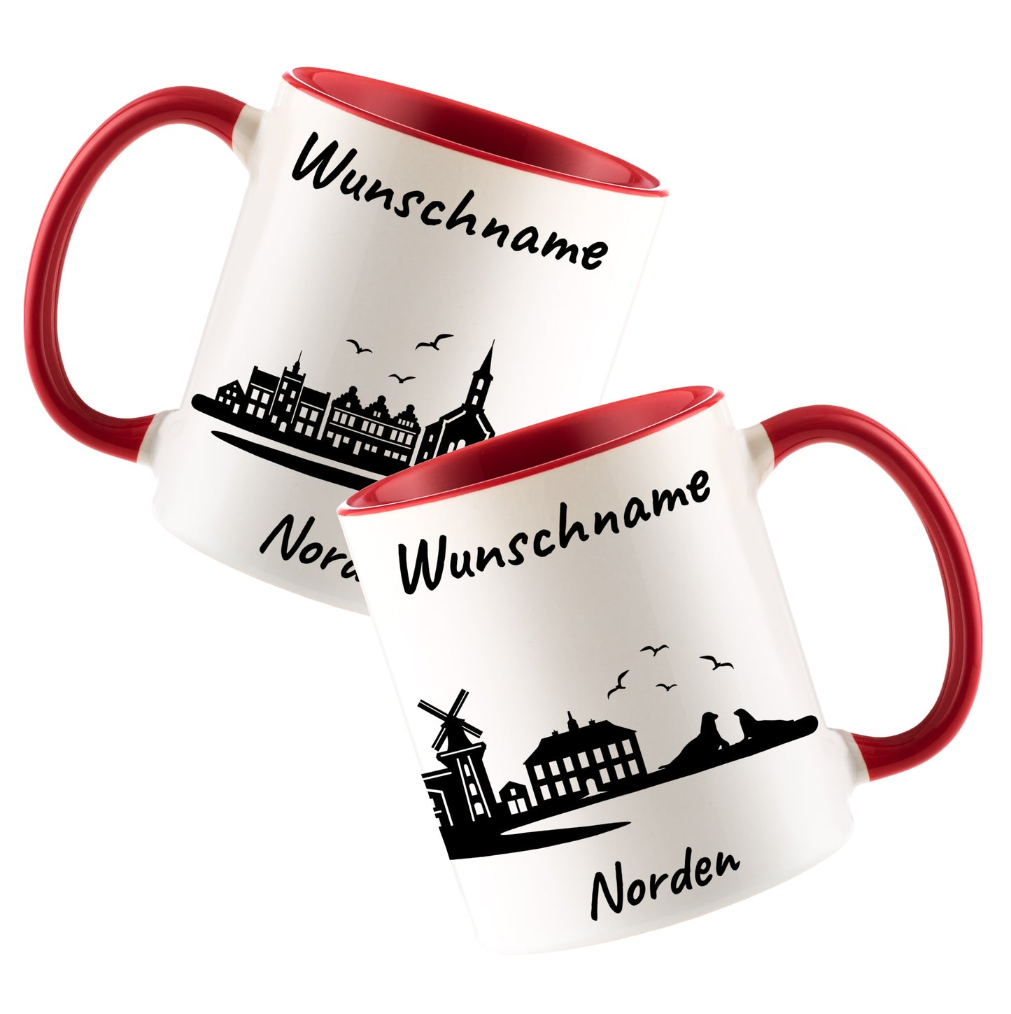 Tasse in Rot 330ml bedruckt mit der Skyline von Norden personalisierbar mit Wunschname