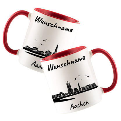 Tasse in Rot 330ml bedruckt mit der Skyline von Aachen personalisierbar mit Wunschname