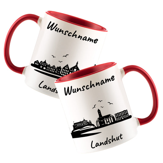 Tasse in Rot 330ml bedruckt mit der Skyline von Landshut personalisierbar mit Wunschname