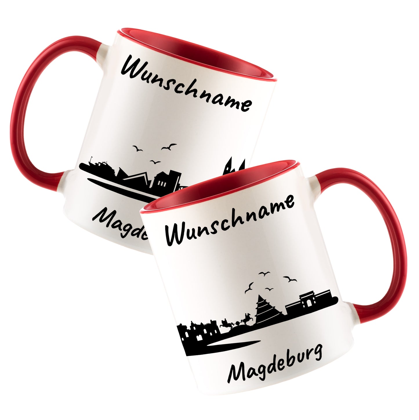 Tasse in Rot 330ml bedruckt mit der Skyline von Magdeburg personalisierbar mit Wunschname
