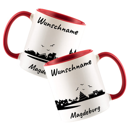 Tasse in Rot 330ml bedruckt mit der Skyline von Magdeburg personalisierbar mit Wunschname