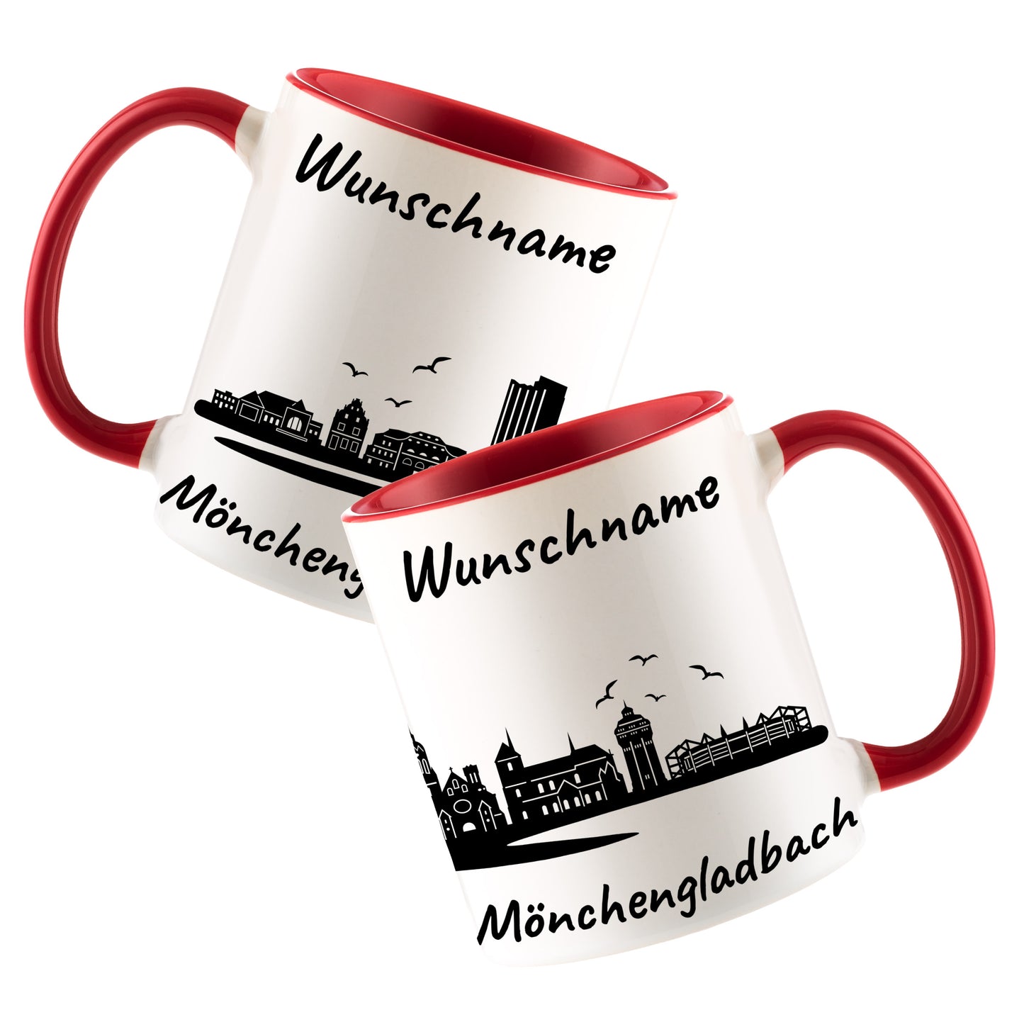 Tasse in Rot 330ml bedruckt mit der Skyline von Mönchengladbach personalisierbar mit Wunschname