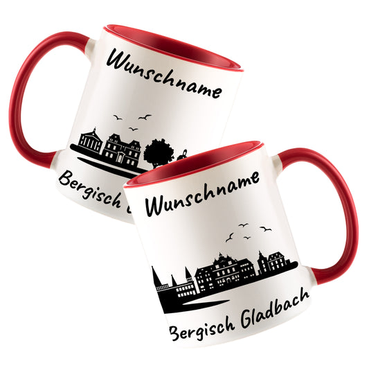 Tasse in Rot 330ml bedruckt mit der Skyline von Bergisch Gladbach personalisierbar mit Wunschname