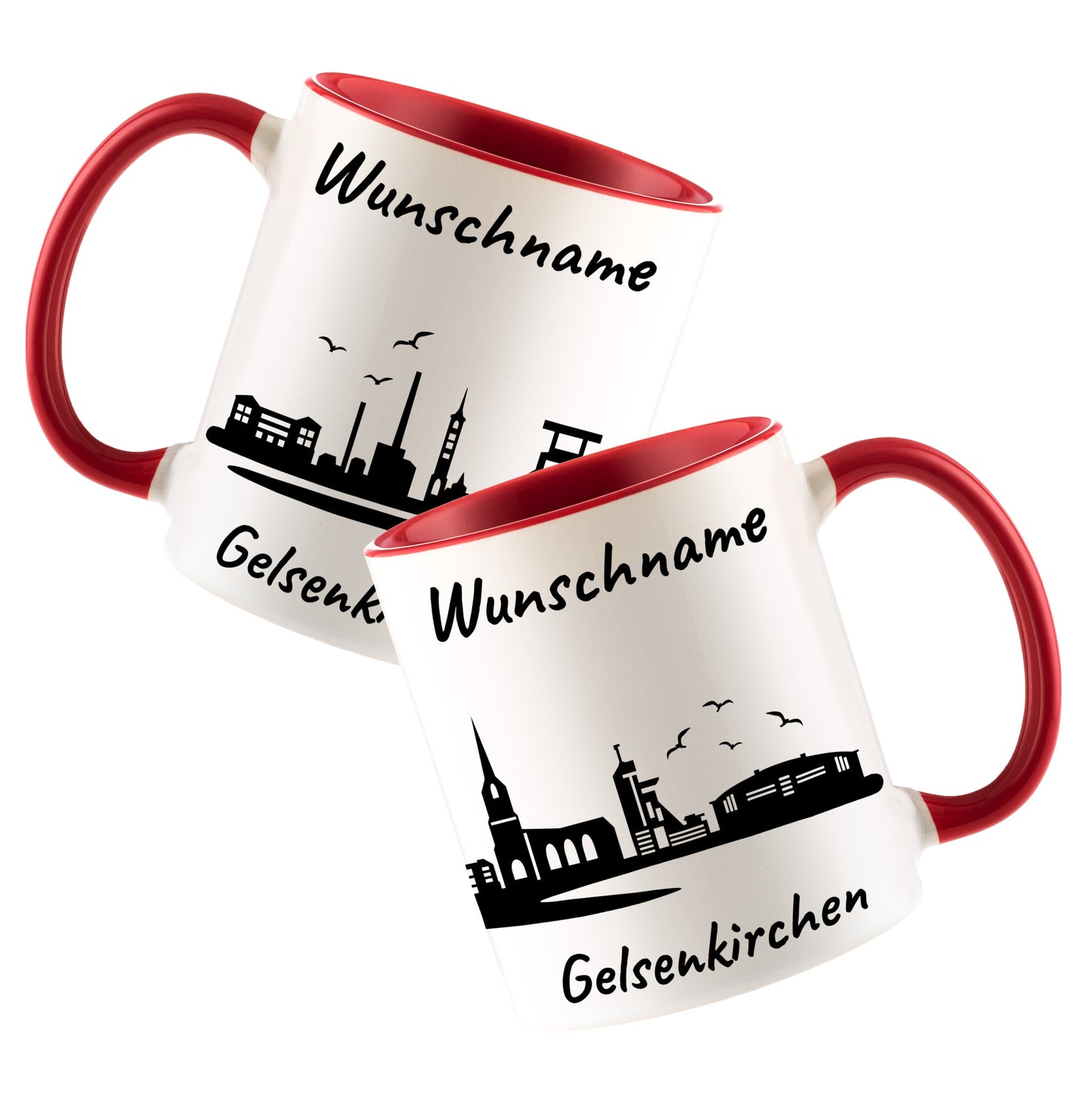 Tasse in Rot 330ml bedruckt mit der Skyline von Gelsenkirchen personalisierbar mit Wunschname