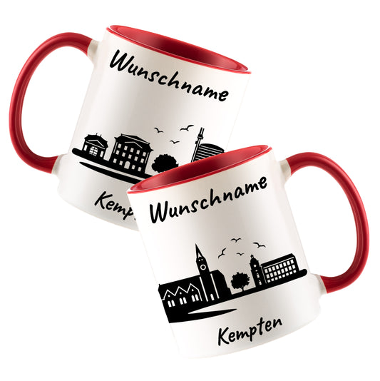 Tasse in Rot 330ml bedruckt mit der Skyline von Kempten personalisierbar mit Wunschname