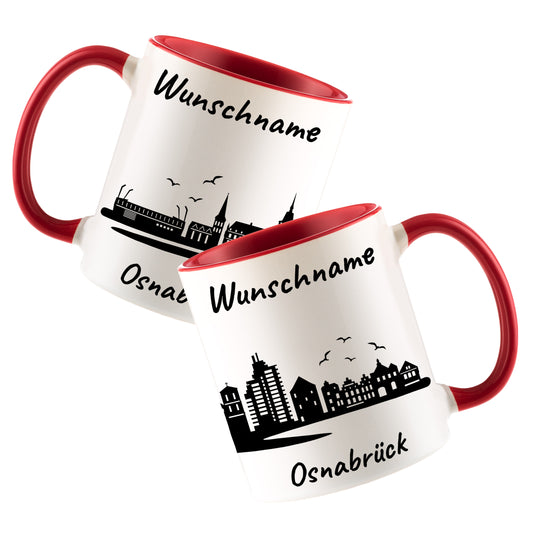 Tasse in Rot 330ml bedruckt mit der Skyline von Osnabrück personalisierbar mit Wunschname
