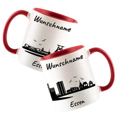 Tasse in Rot 330ml bedruckt mit der Skyline von Essen personalisierbar mit Wunschname