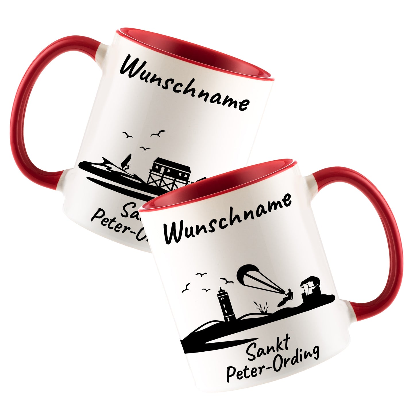 Tasse in Rot 330ml bedruckt mit der Skyline von Sankt Peter-Ording personalisierbar mit Wunschname
