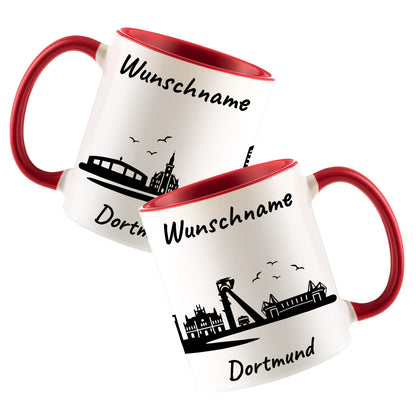 Tasse in Rot 330ml bedruckt mit der Skyline von Dortmund personalisierbar mit Wunschname