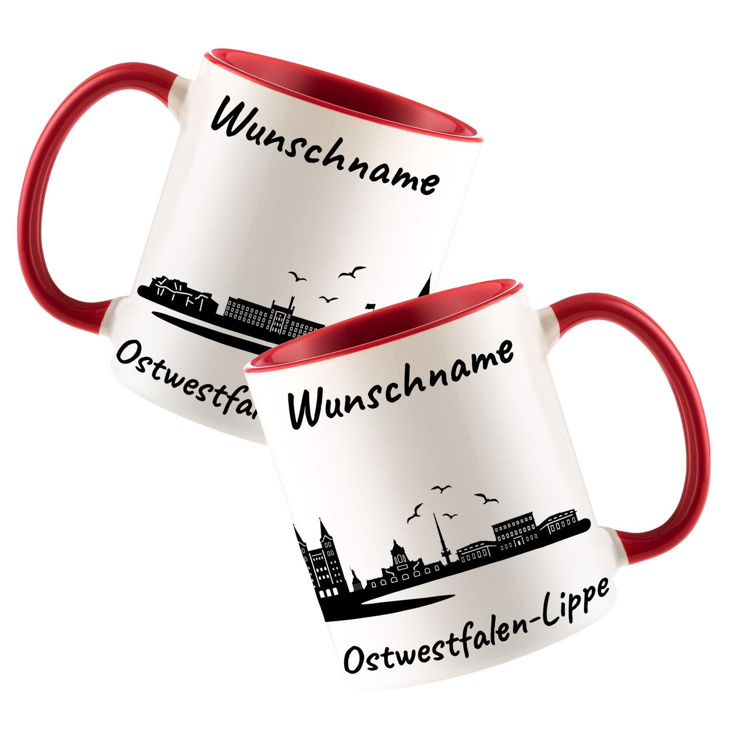 Tasse in Rot 330ml bedruckt mit der Skyline von Ostwestfalen-Lippe personalisierbar mit Wunschname