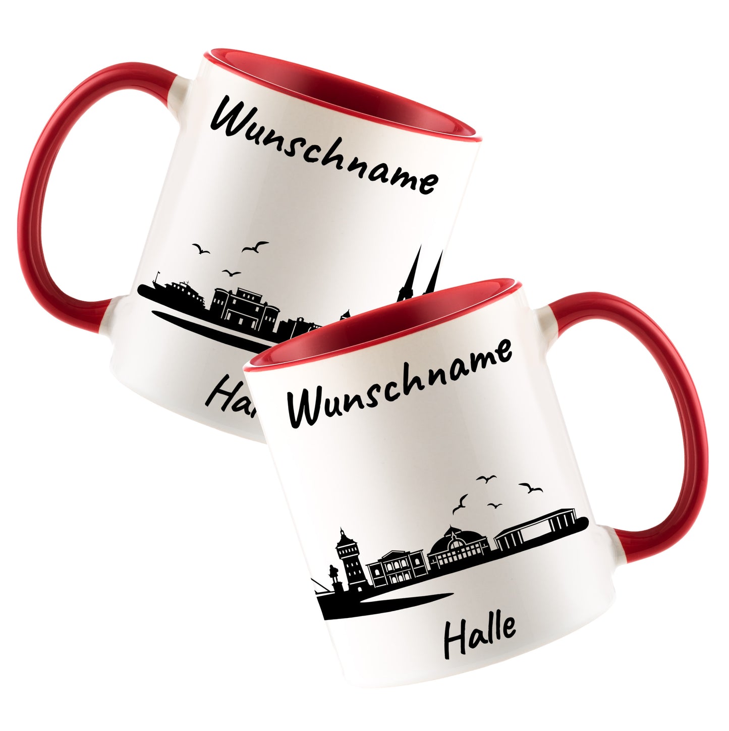 Tasse in Rot 330ml bedruckt mit der Skyline von Halle personalisierbar mit Wunschname