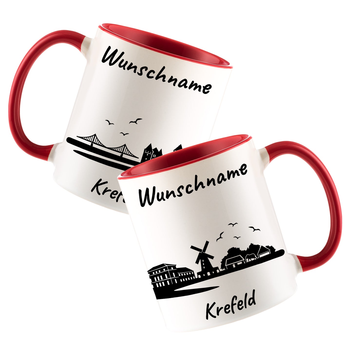 Tasse in Rot 330ml bedruckt mit der Skyline von Krefeld personalisierbar mit Wunschname