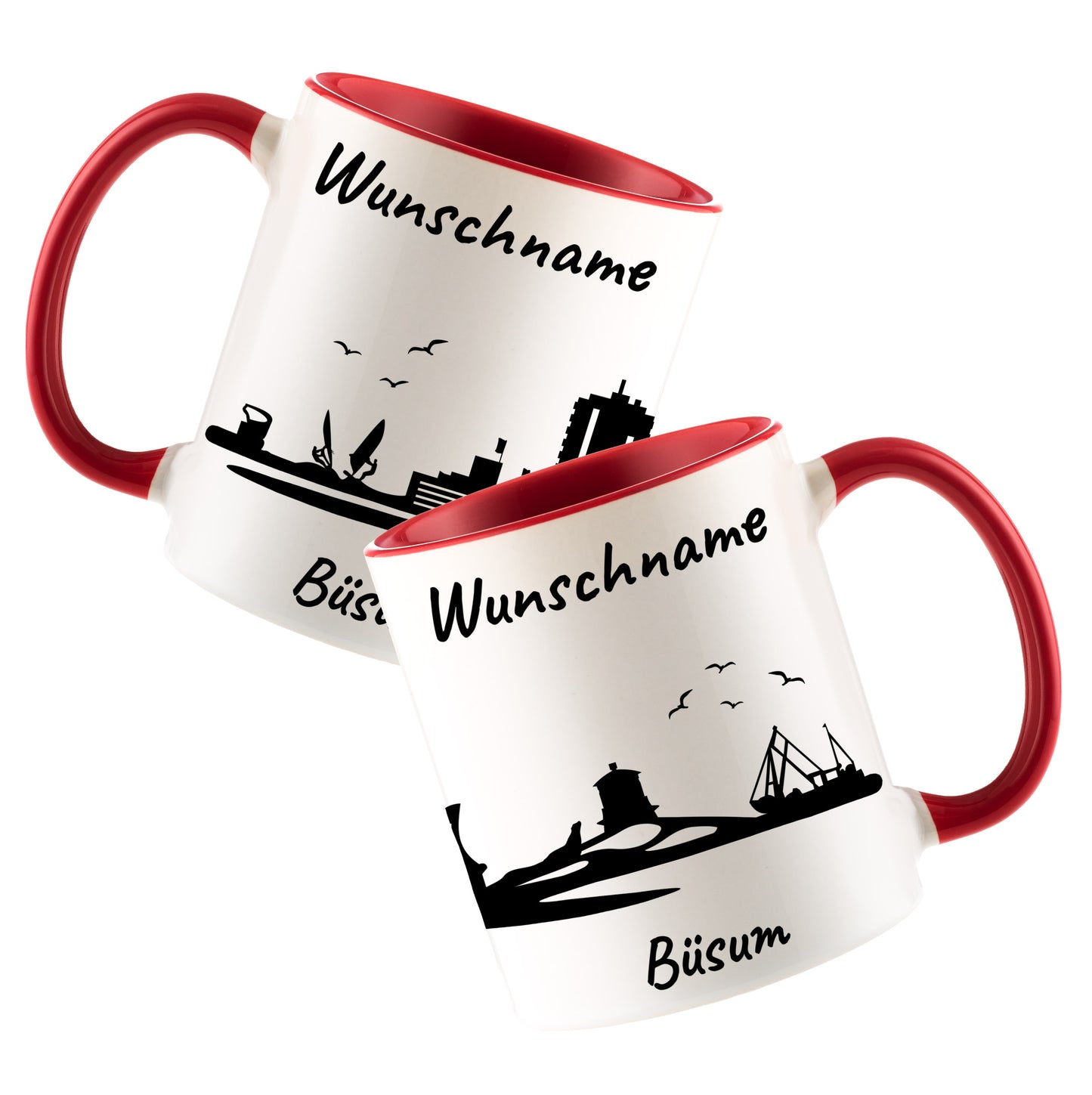 Tasse in Rot 330ml bedruckt mit der Skyline von Büsum personalisierbar mit Wunschname