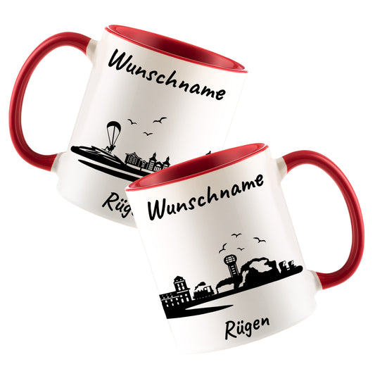 Tasse in Rot 330ml bedruckt mit der Skyline von Rügen personalisierbar mit Wunschname