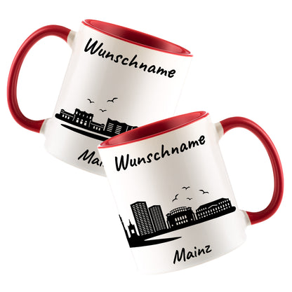 Tasse in Rot 330ml bedruckt mit der Skyline von Mainz personalisierbar mit Wunschname