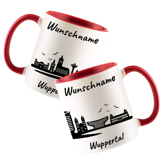 Tasse in Rot 330ml bedruckt mit der Skyline von Wuppertal personalisierbar mit Wunschname