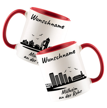 Tasse in Rot 330ml bedruckt mit der Skyline von Mülheim an der Ruhr personalisierbar mit Wunschname