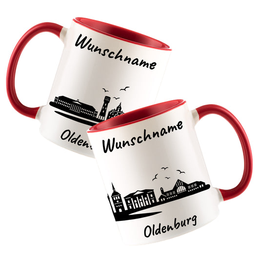 Tasse in Rot 330ml bedruckt mit der Skyline von Oldenburg personalisierbar mit Wunschname