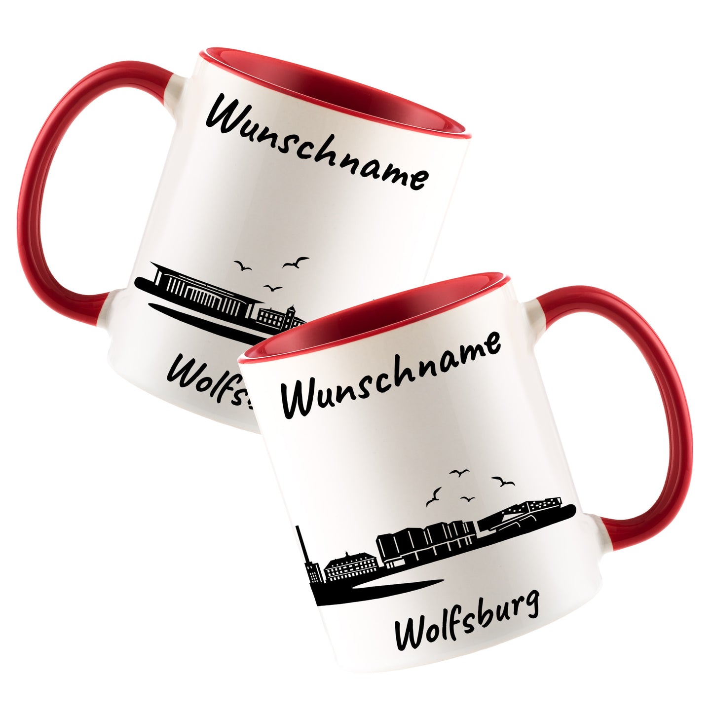 Tasse in Rot 330ml bedruckt mit der Skyline von Wolfsburg personalisierbar mit Wunschname