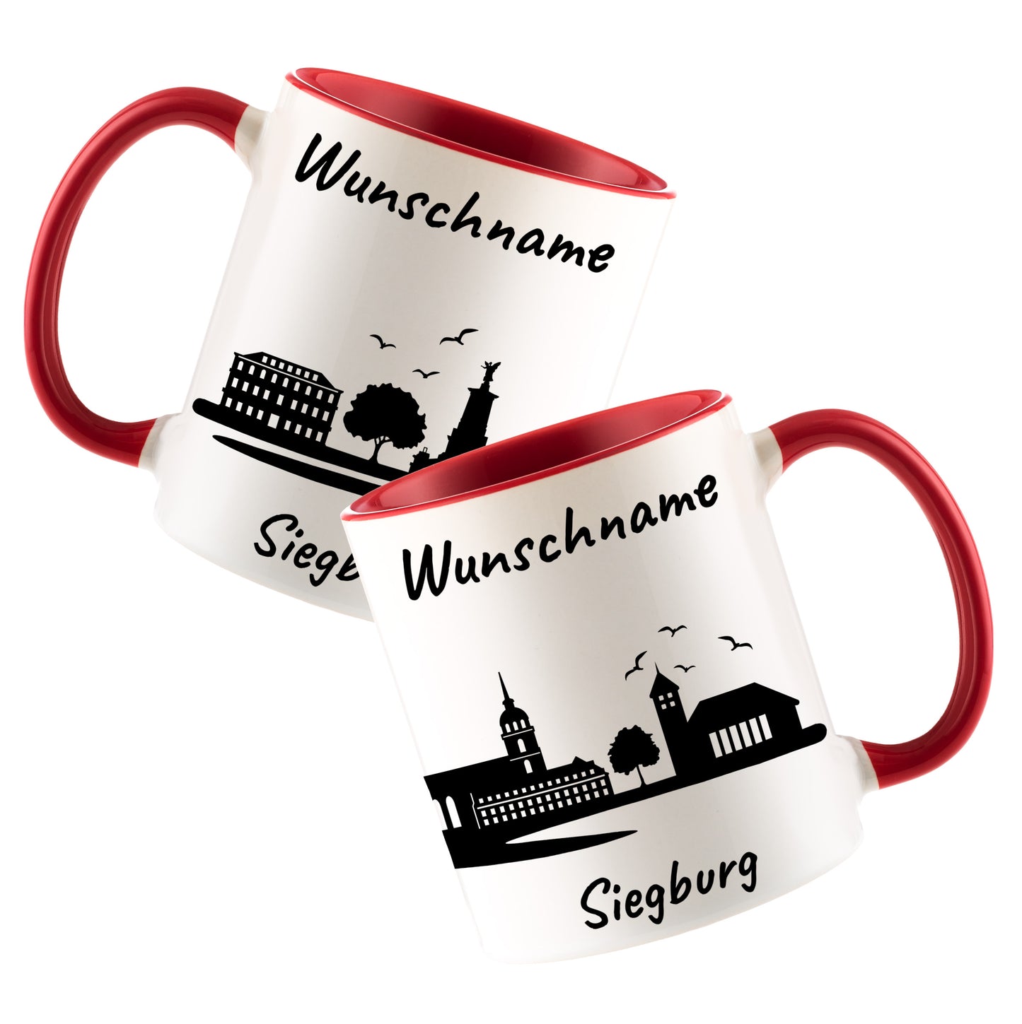 Tasse in Rot 330ml bedruckt mit der Skyline von Siegburg personalisierbar mit Wunschname