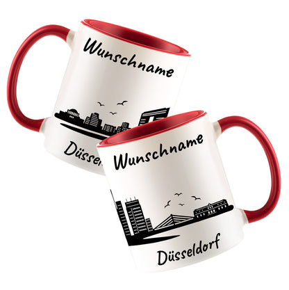 Tasse in Rot 330ml bedruckt mit der Skyline von Düsseldorf personalisierbar mit Wunschname