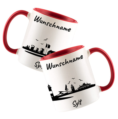 Tasse in Rot 330ml bedruckt mit der Skyline von Sylt personalisierbar mit Wunschname