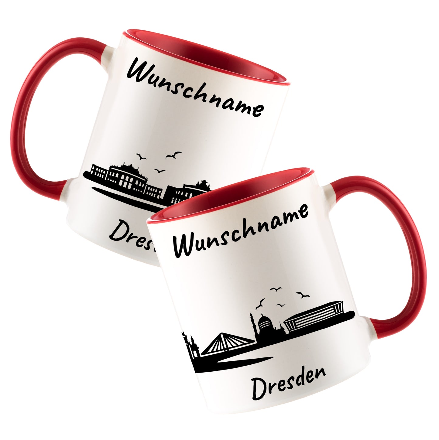 Tasse in Rot 330ml bedruckt mit der Skyline von Dresden personalisierbar mit Wunschname