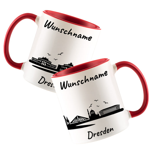 Tasse in Rot 330ml bedruckt mit der Skyline von Dresden personalisierbar mit Wunschname