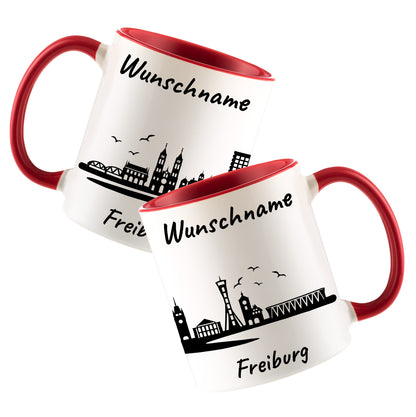 Tasse in Rot 330ml bedruckt mit der Skyline von Freiburg personalisierbar mit Wunschname