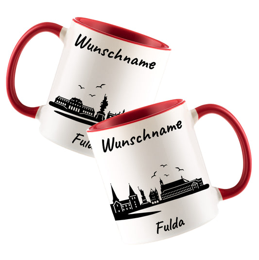 Tasse in Rot 330ml bedruckt mit der Skyline von Fulda personalisierbar mit Wunschname