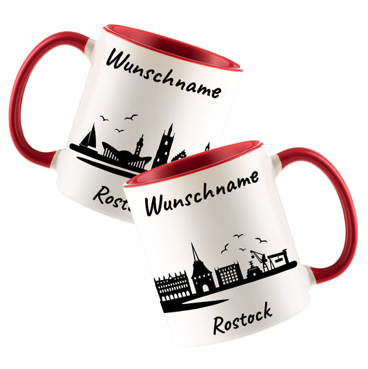 Tasse in Rot 330ml bedruckt mit der Skyline von Rostock personalisierbar mit Wunschname