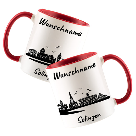 Tasse in Rot 330ml bedruckt mit der Skyline von Solingen personalisierbar mit Wunschname