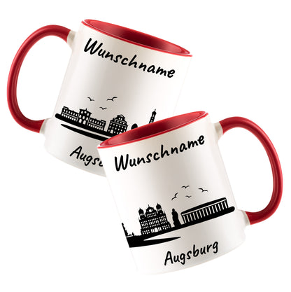 Tasse in Rot 330ml bedruckt mit der Skyline von Augsburg personalisierbar mit Wunschname