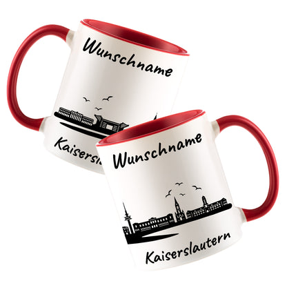 Tasse in Rot 330ml bedruckt mit der Skyline von Kaiserslautern personalisierbar mit Wunschname
