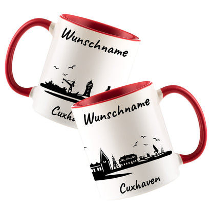 Tasse in Rot 330ml bedruckt mit der Skyline von Cuxhaven personalisierbar mit Wunschname