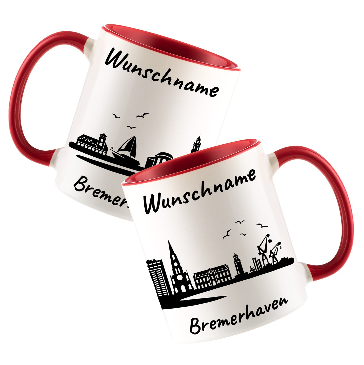 Tasse in Rot 330ml bedruckt mit der Skyline von Bremerhaven personalisierbar mit Wunschname