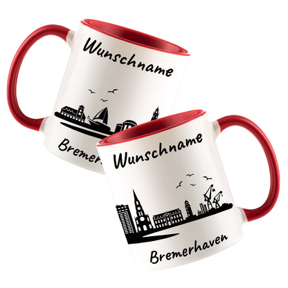 Tasse in Rot 330ml bedruckt mit der Skyline von Bremerhaven personalisierbar mit Wunschname